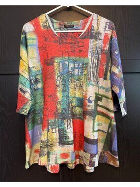 Inoah Women's Abstract Artsy Short Sleeve Tunic Blouse Medium Colorful Lagenlook